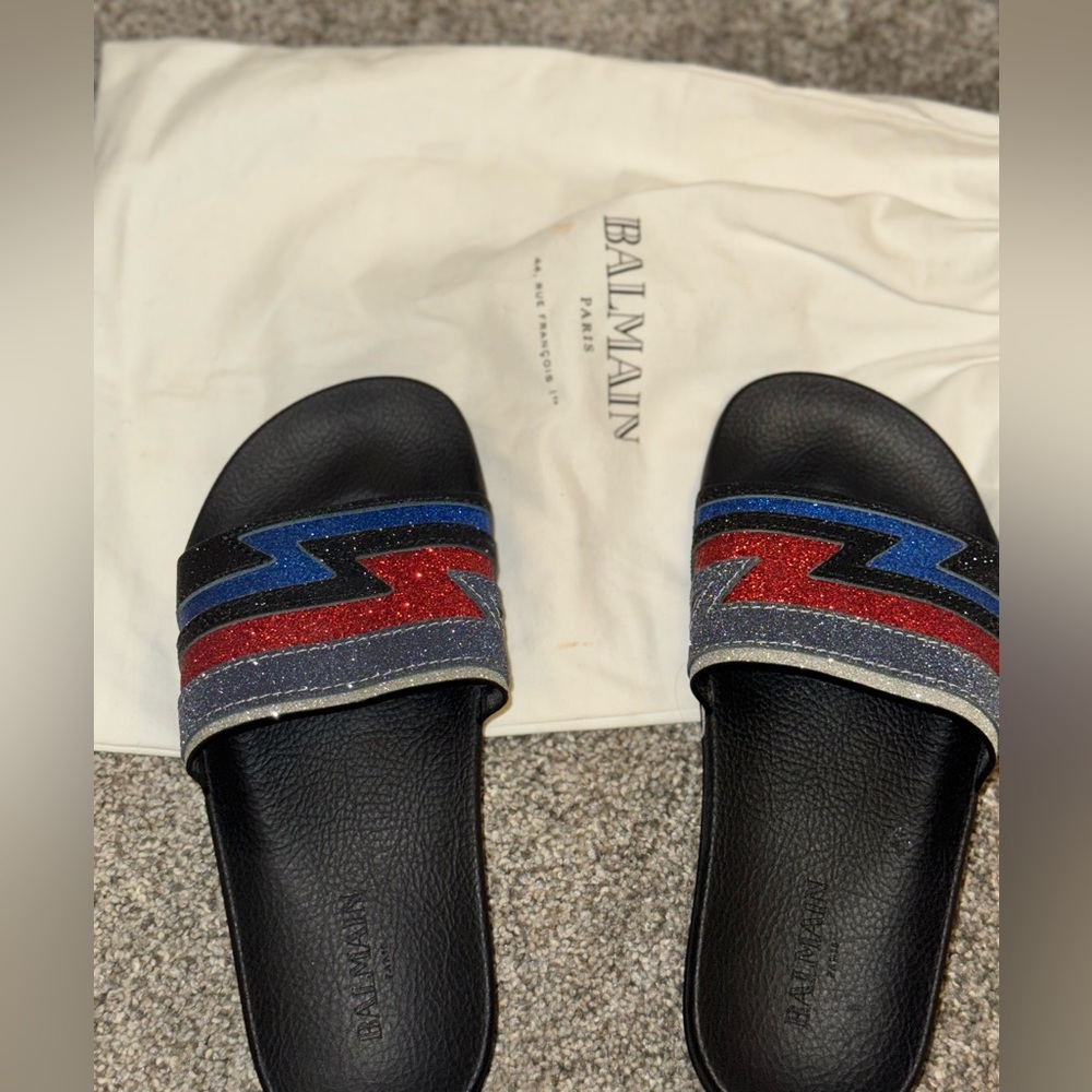 Balmain Black Slides with Glittering Red and Blue Accents